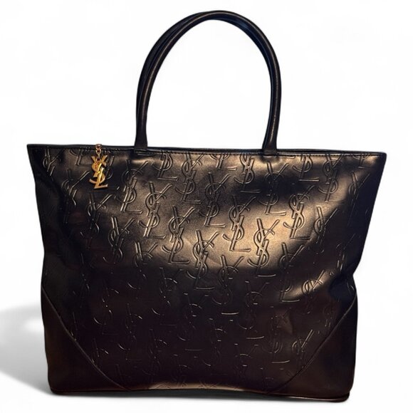 Vintage YSL Black Logo Embossed Tote Bag  24K Gold Plated Hardware Gold Charm - Picture 1 of 14